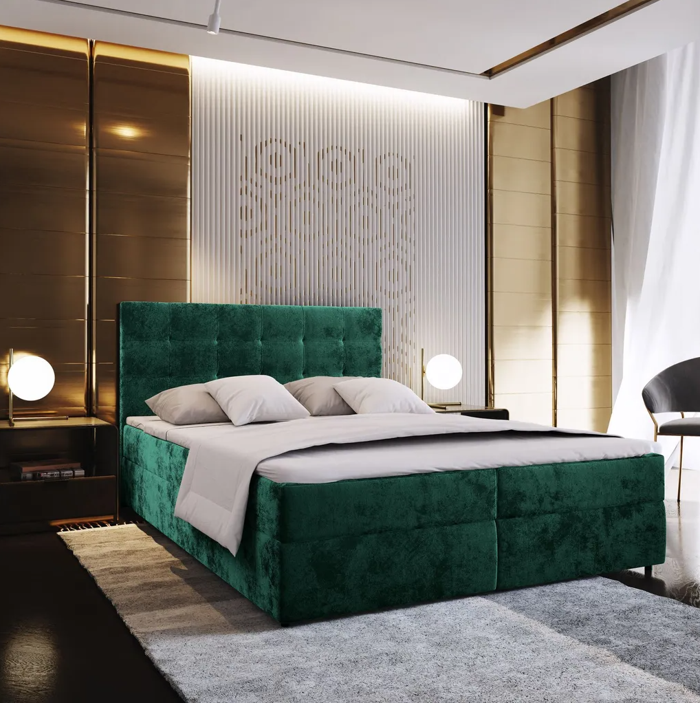 AKCE Čalouněná postel boxspring GLORIEN VELVET 160x200 cm tmavě zelená II. jakost