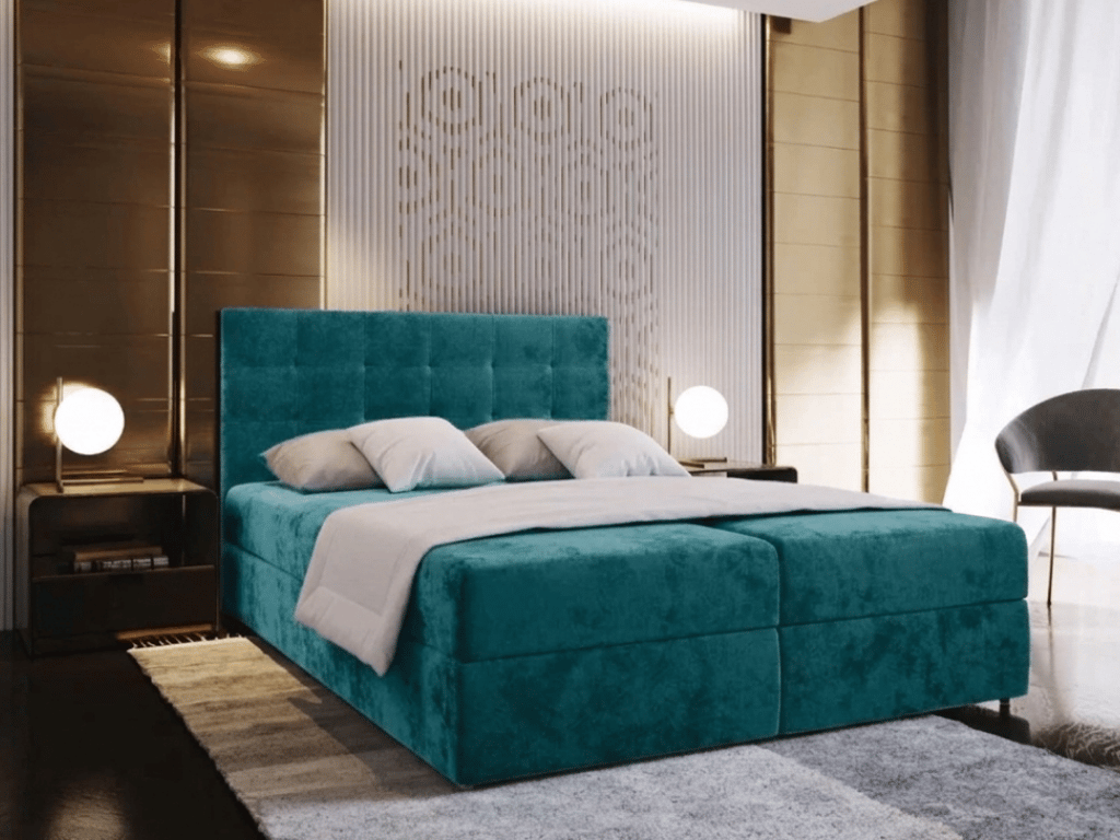 AKCE Čalouněná postel boxspring GLORIEN VELVET 180x200 cm tyrkysová II. jakost