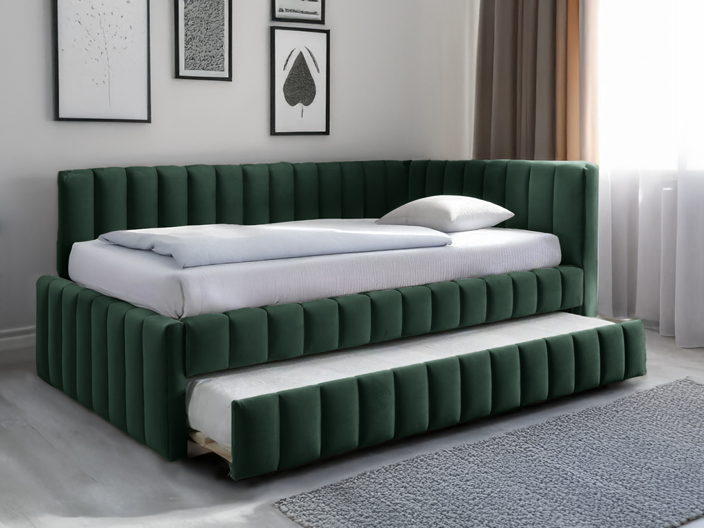 AKCE Čalouněná postel COMFINO VELVET s přistýlkou 120x200 cm tmavě zelená II. jakost