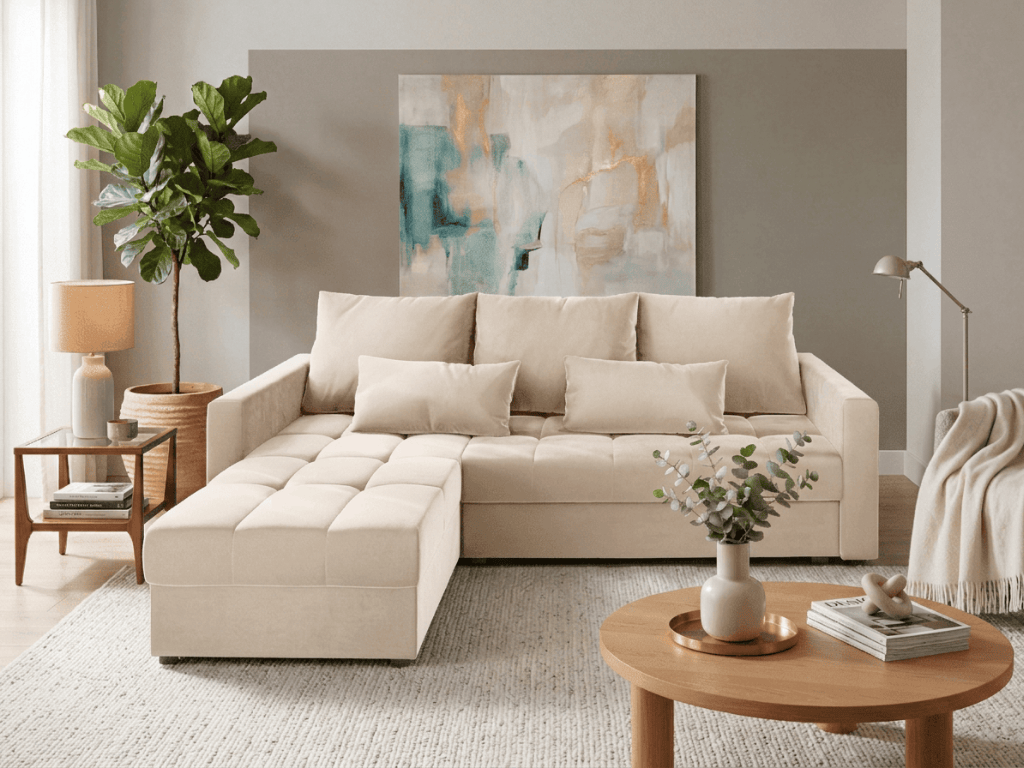 AKCE Krémová rozkládací rohová pohovka ZENOVA 220x140 cm, oboustranná II. jakost