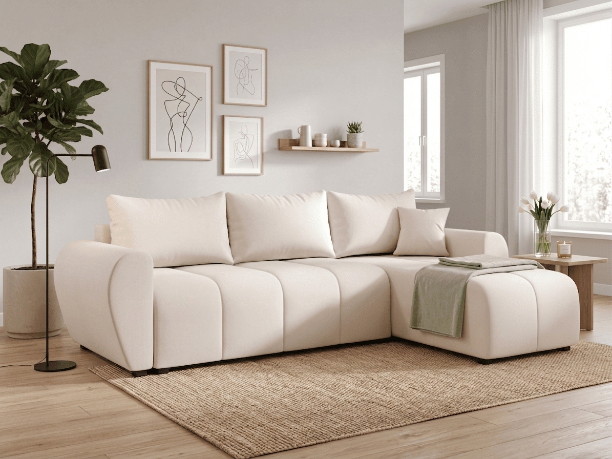 AKCE Rozkládací oboustranná sedací souprava do L SEVIO 246x145 cm, krémová + 2 polštářky ZDARMA II. jakost