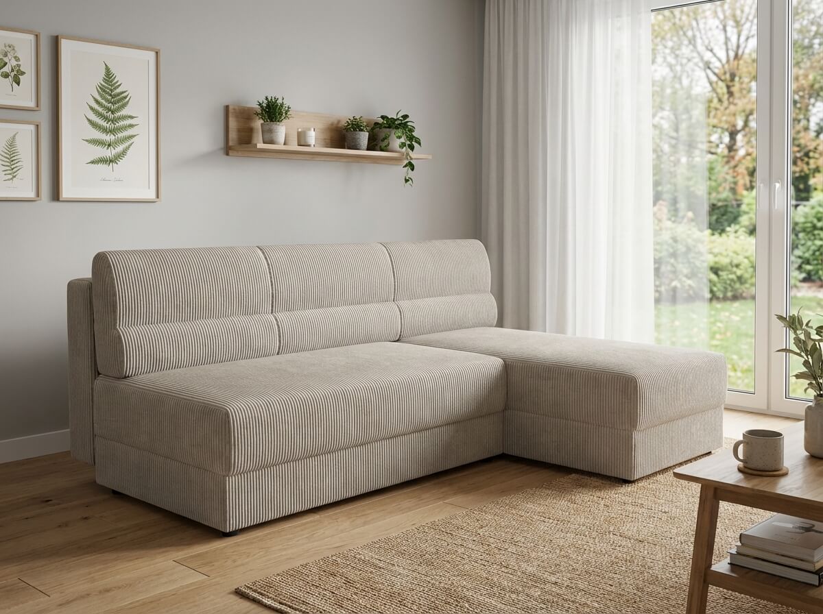 AKCE Rozkládací oboustranná sedací souprava do L TAVERO SLIM 201x140 cm, světle béžová II. jakost