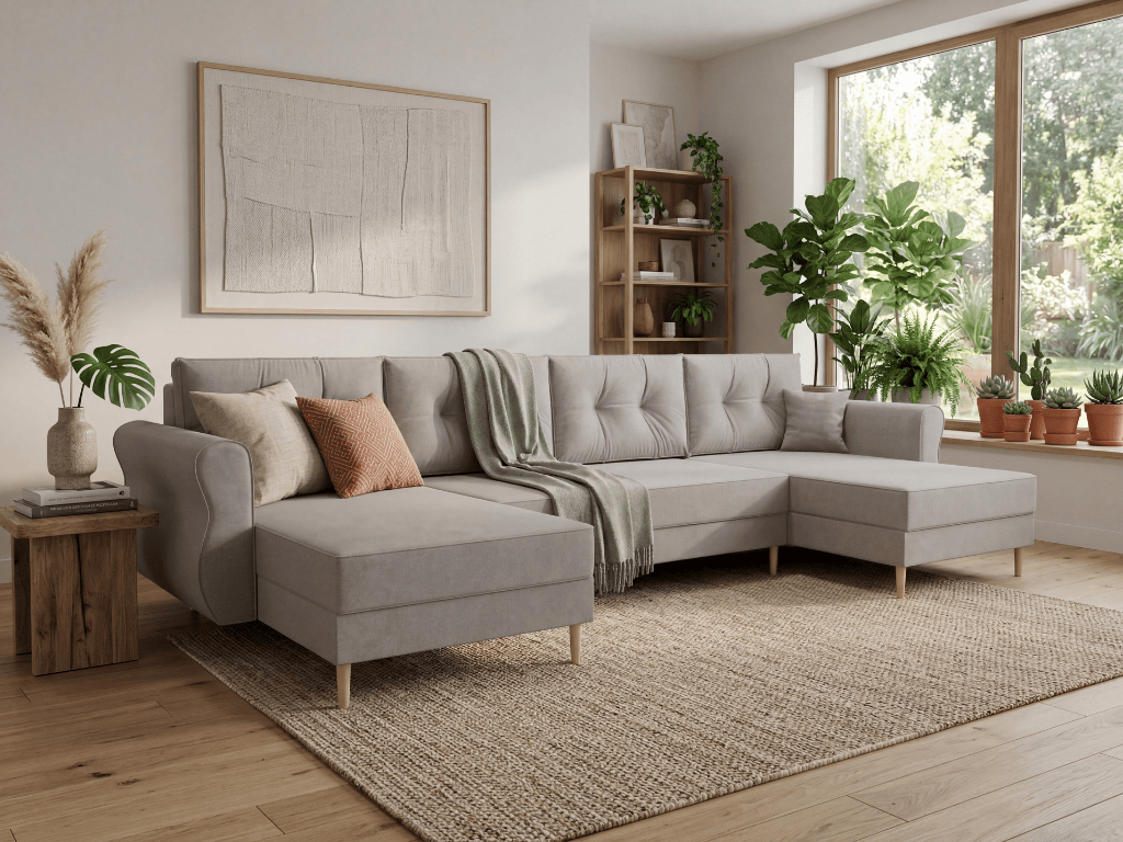 AKCE Rozkládací sedací souprava do U SILVIANO 300x140 cm, šedá + 2 polštářky ZDARMA II. jakost