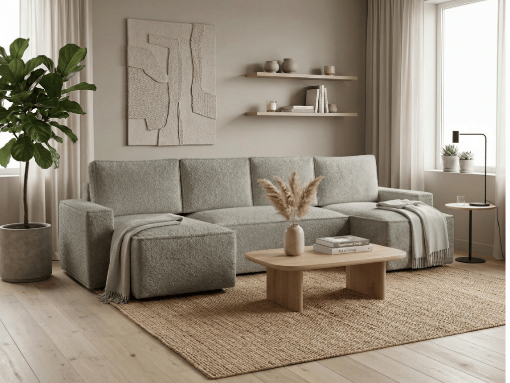 AKCE Rozkládací sedací souprava do U SMART BOUCLE 303x143 cm, šedobéžová II. jakost