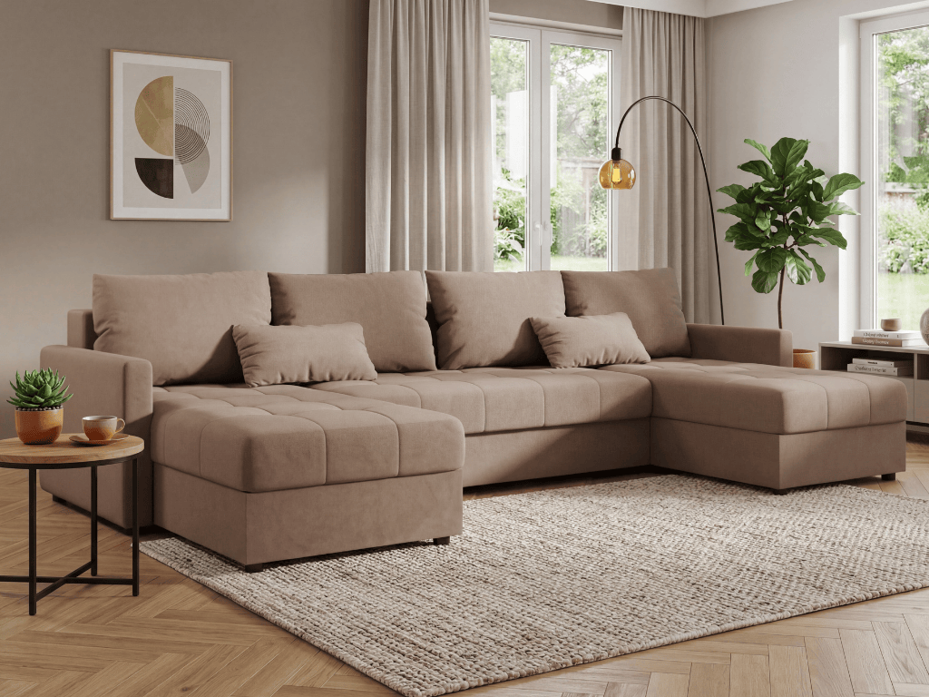 AKCE Rozkládací sedací souprava do U VENORIA 285x146 cm, béžová + 2 polštářky ZDARMA II. jakost