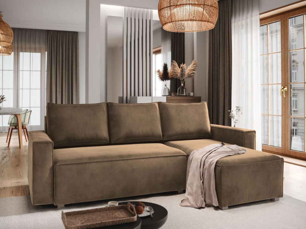 AKCE Světle hnědá rozkládací rohová pohovka CAVELO, oboustranná II. jakost