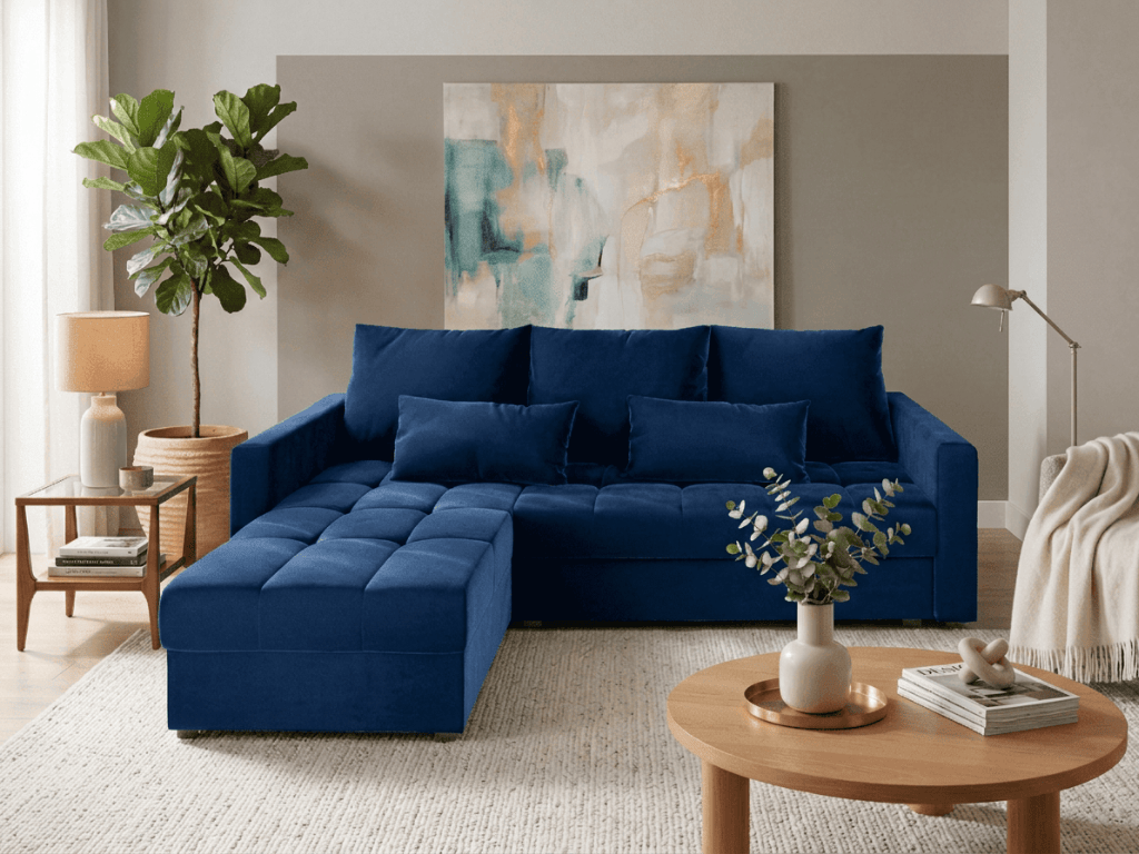 AKCE Tmavě modrá rozkládací rohová pohovka ZENOVA 220x140 cm, oboustranná II. jakost