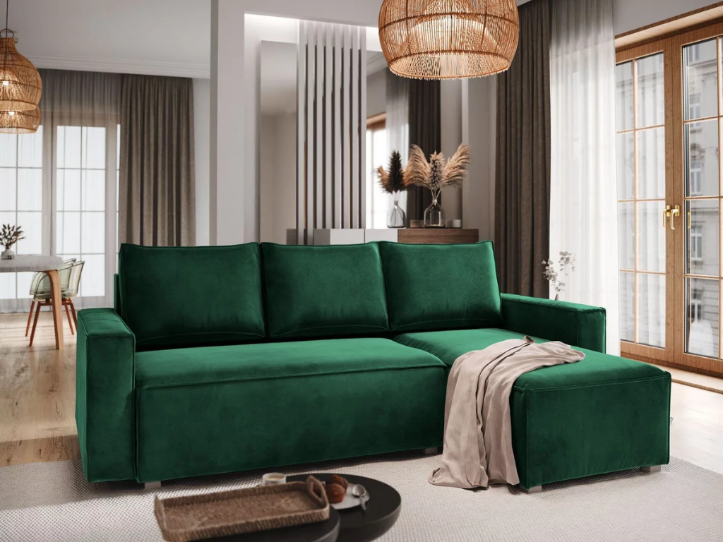 AKCE Tmavě zelená rozkládací rohová pohovka CAVELO, oboustranná II. jakost