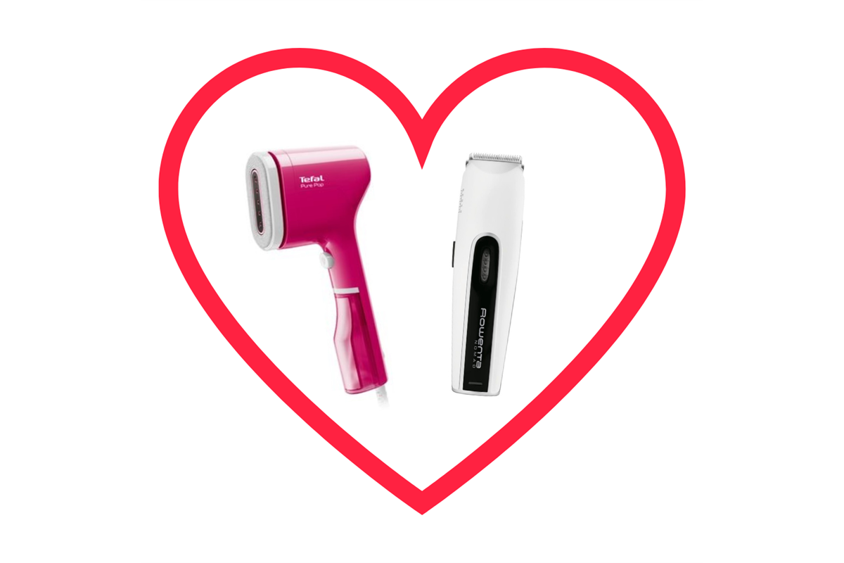 Akční set pro pár růžový napařovač oděvů Tefal Pure POP DT2023F0 a zastřihovač Rowenta Nomad Easy 2