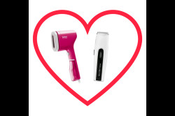 Akční set pro pár růžový napařovač oděvů Tefal Pure POP DT2023F0 a zastřihovač Rowenta Nomad Easy 2