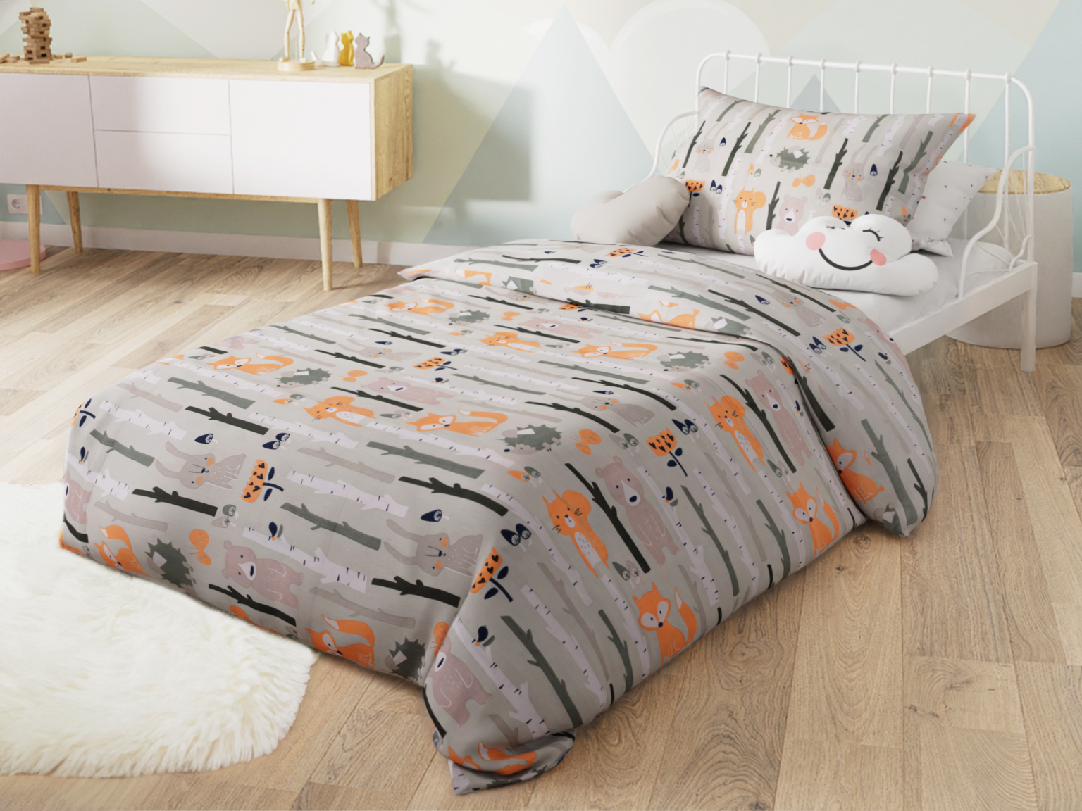 Bavlněné povlečení do postýlky LESNÍ ZVÍŘÁTKA šedé