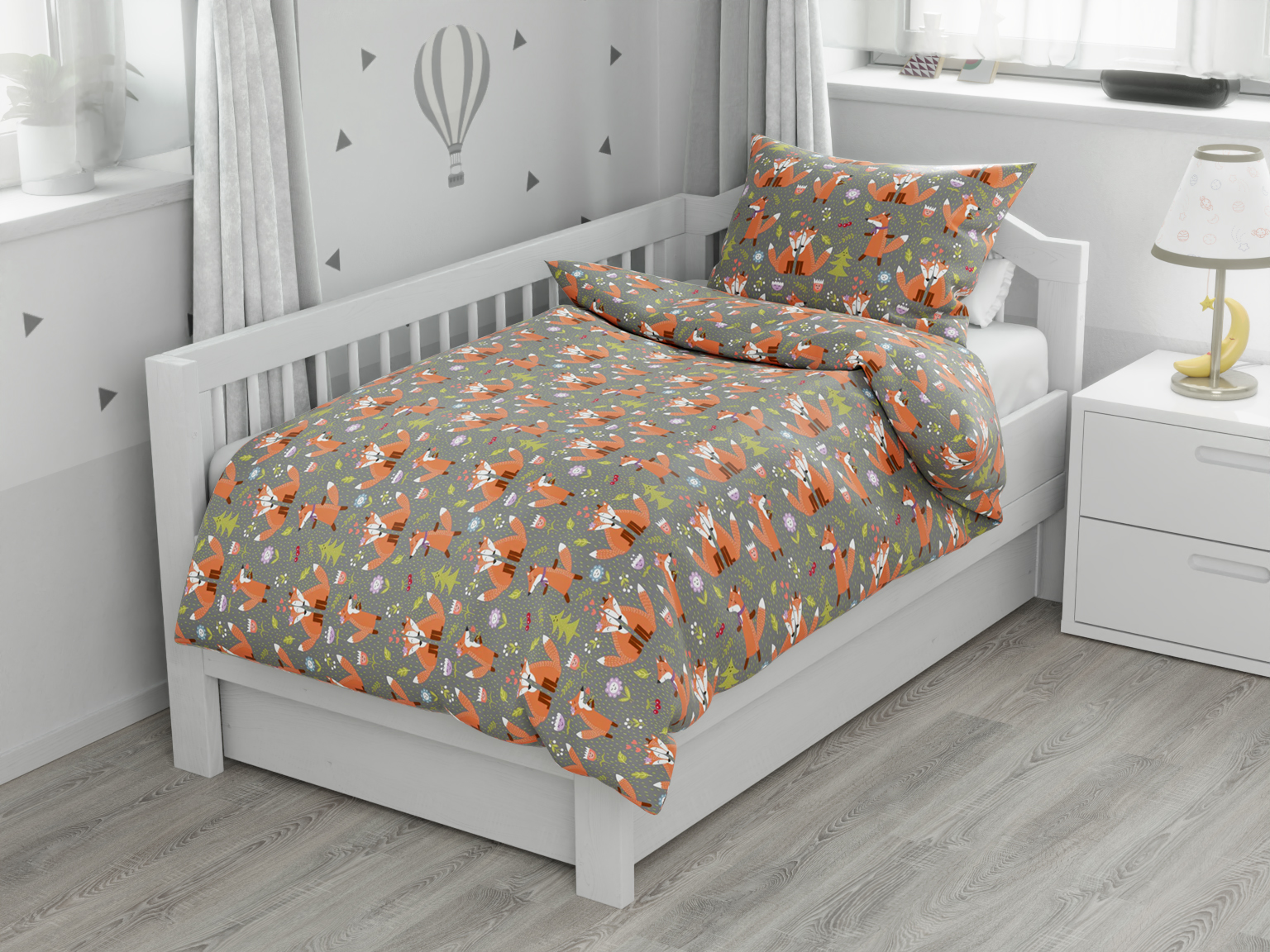 Bavlněné povlečení do postýlky LIŠKY šedé