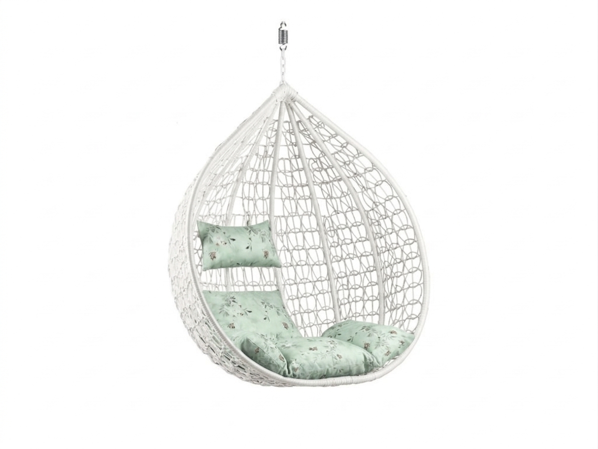 Bílé závěsné křeslo KOKON bez stojanu, světle zelený polštář se vzorem