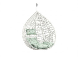 Bílé závěsné křeslo KOKON bez stojanu, světle zelený polštář se vzorem