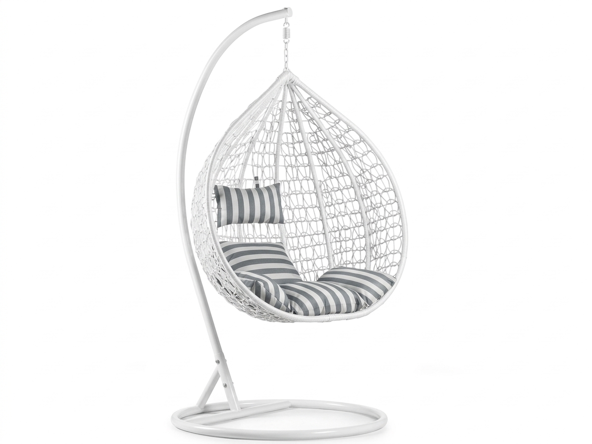 Bílé závěsné křeslo KOKON se stojanem, bílo-šedý polštář