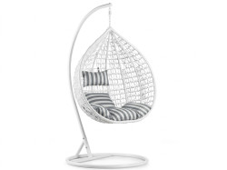 Bílé závěsné křeslo KOKON se stojanem, bílo-šedý polštář