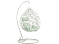 Bílé závěsné křeslo KOKON se stojanem, světle zelený polštář se vzorem