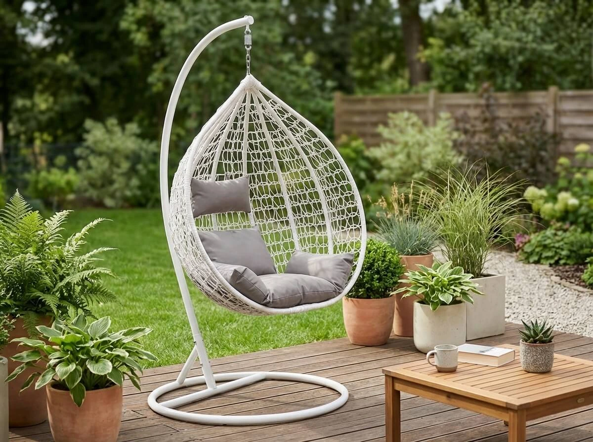 Bílé závěsné křeslo KOKON se stojanem, světlý polštář