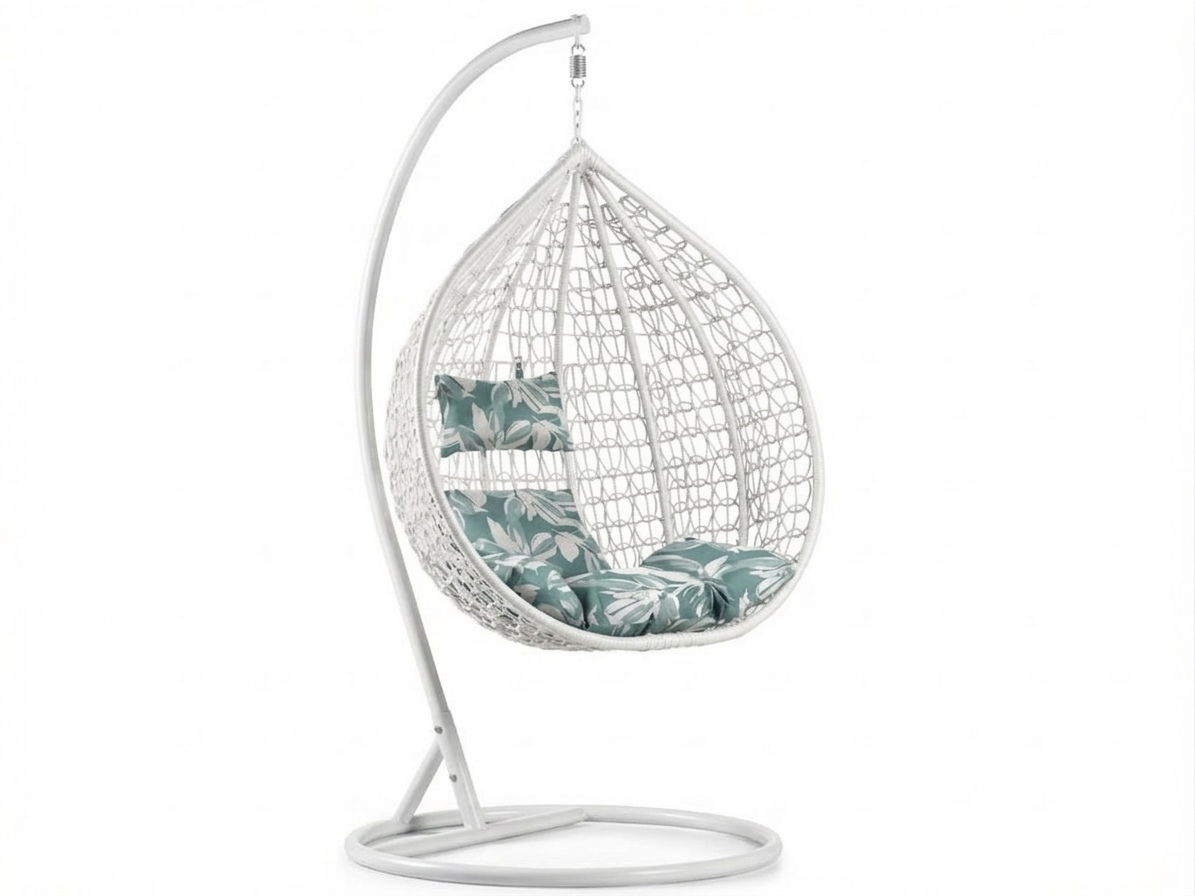 Bílé závěsné křeslo KOKON se stojanem, zeleno-bílý polštář