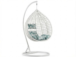 Bílé závěsné křeslo KOKON se stojanem, zeleno-bílý polštář