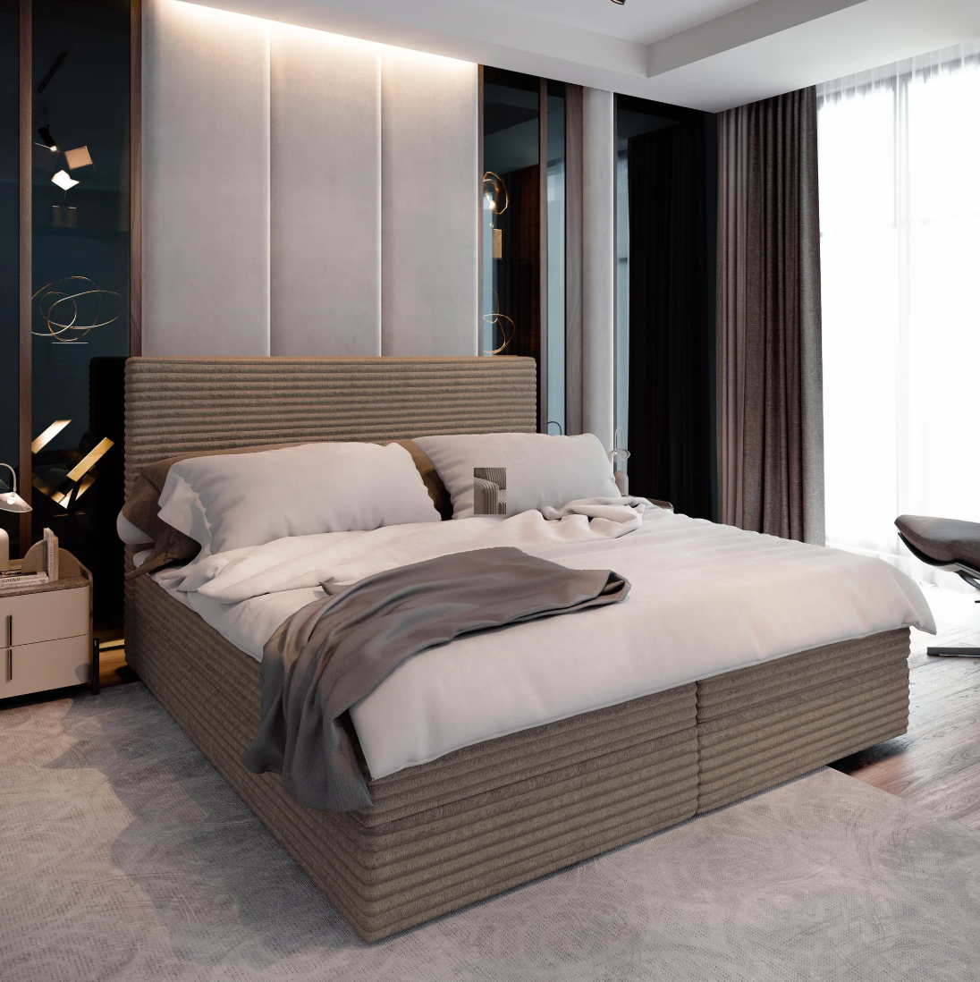 Čalouněná postel boxspring ISPIRA 160x200 cm světle hnědá Matrace: Matrace Bonell pružinová