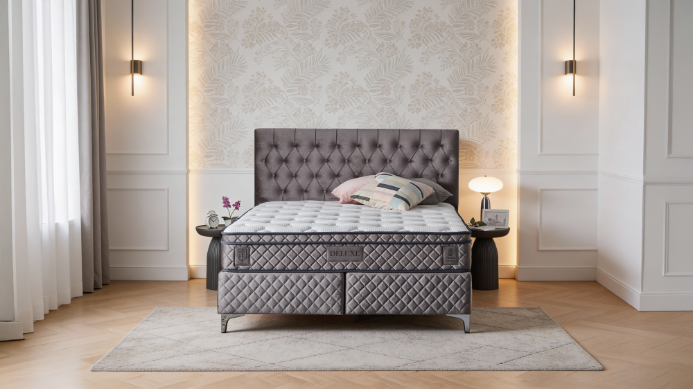 Čalouněná postel DELUXE s matrací - šedá 160 × 200 cm