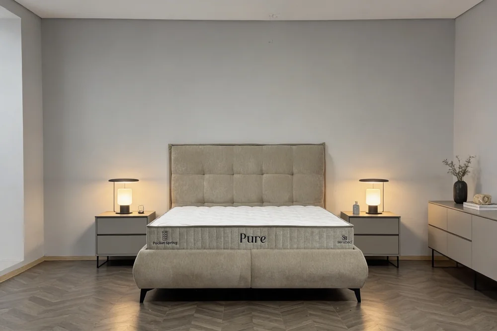 Čalouněná postel PURE s matrací - béžová 90 × 200 cm