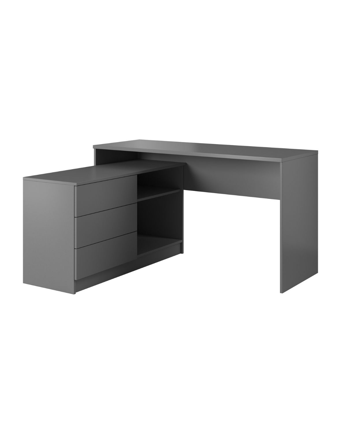 Grafitový rohový psací stůl Teo se skříňkou, zásuvkami a policemi