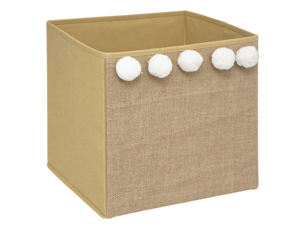 Hnědá jutová skládací krabice s bambulemi POMPOME