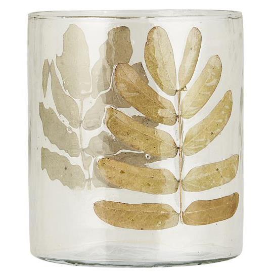IB Laursen Skleněný svícen s mosazným dekorem TEALIGHT LEAVES
