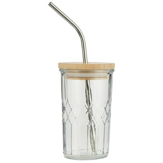 IB Laursen Sklenice s bambusovým víkem a nerezovým brčkem GLASS BAMBOO 300 ml
