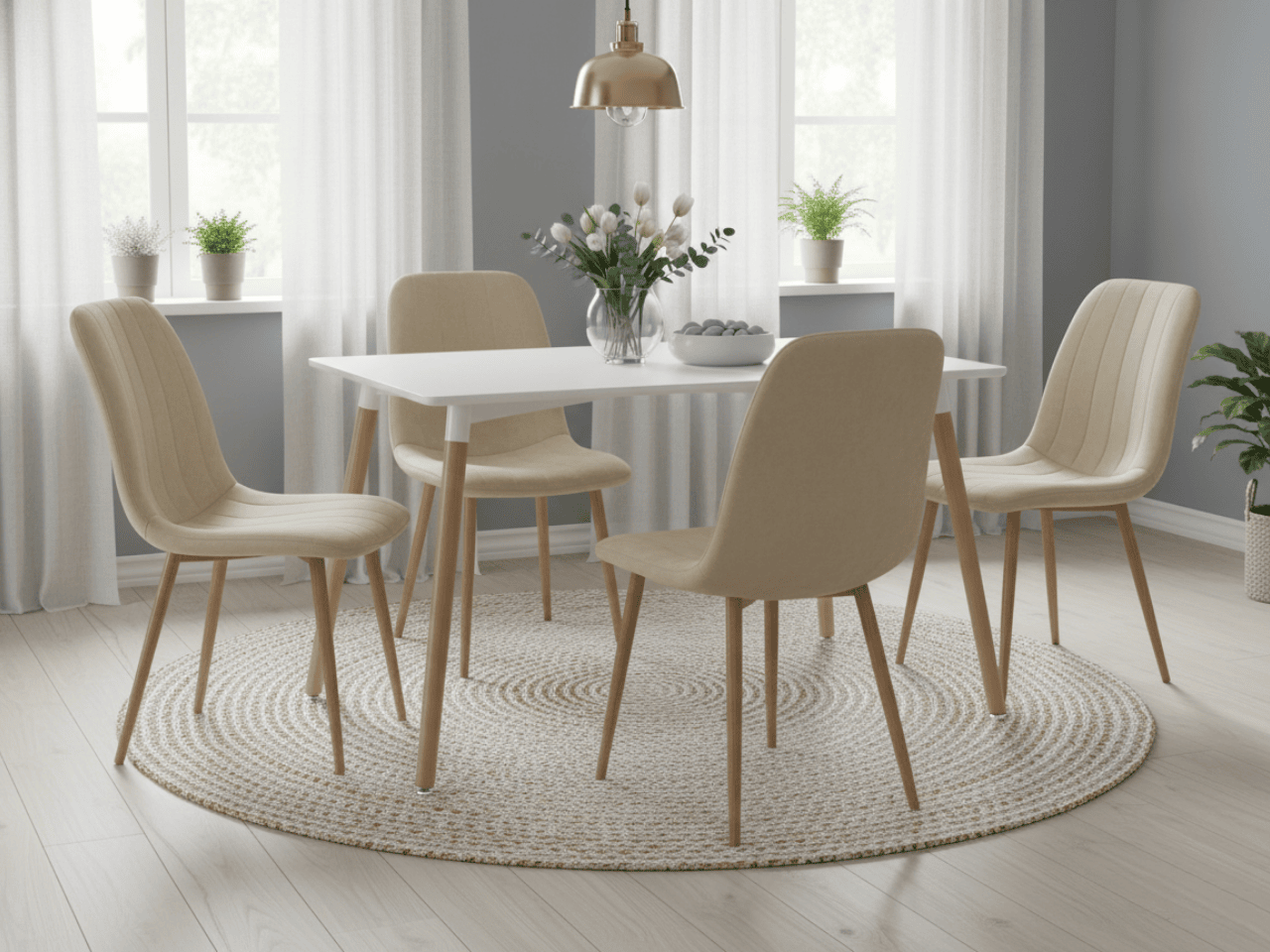Jídelní set 1 + 4, bílý jídelní stůl ADRIA 120x80 cm + krémová sametová židle LAVA