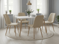 Jídelní set 1 + 4, bílý jídelní stůl ADRIA 120x80 cm + krémová sametová židle LAVA
