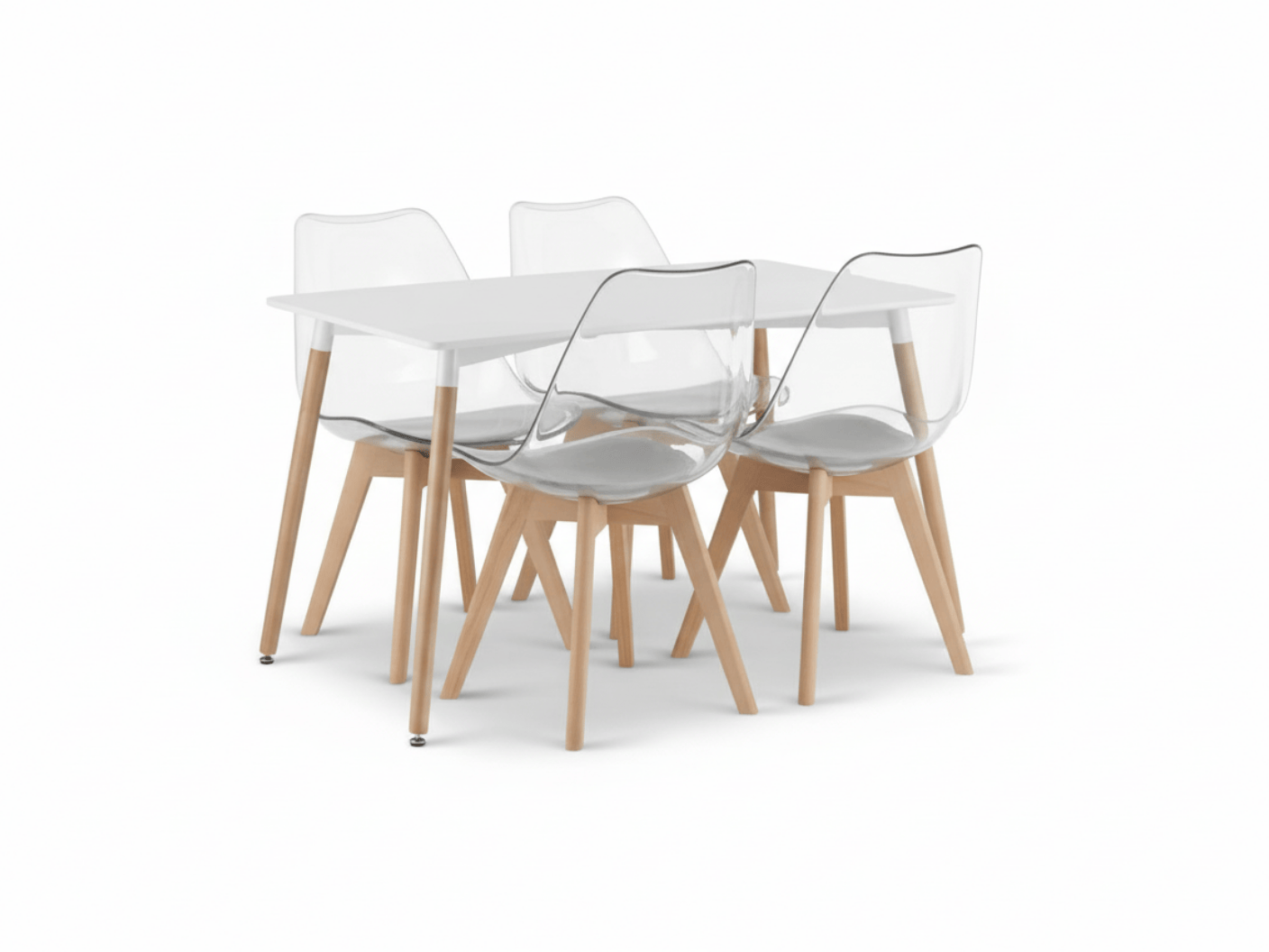 Jídelní set 1 + 4, bílý stůl ADRIA 120x80 cm + transparentní židle BALI MARK s bukovými nohami