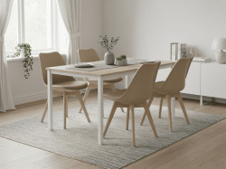 Jídelní set 1 + 4, bílý stůl TESSA 120x60 cm dekor dub + béžová židle BALI MARK s bukovými nohami