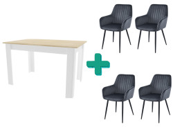 Jídelní set 1+4, bílý stůl v dekoru dub sonoma MADO 120x80cm a šedá sametová židle SOLDEN