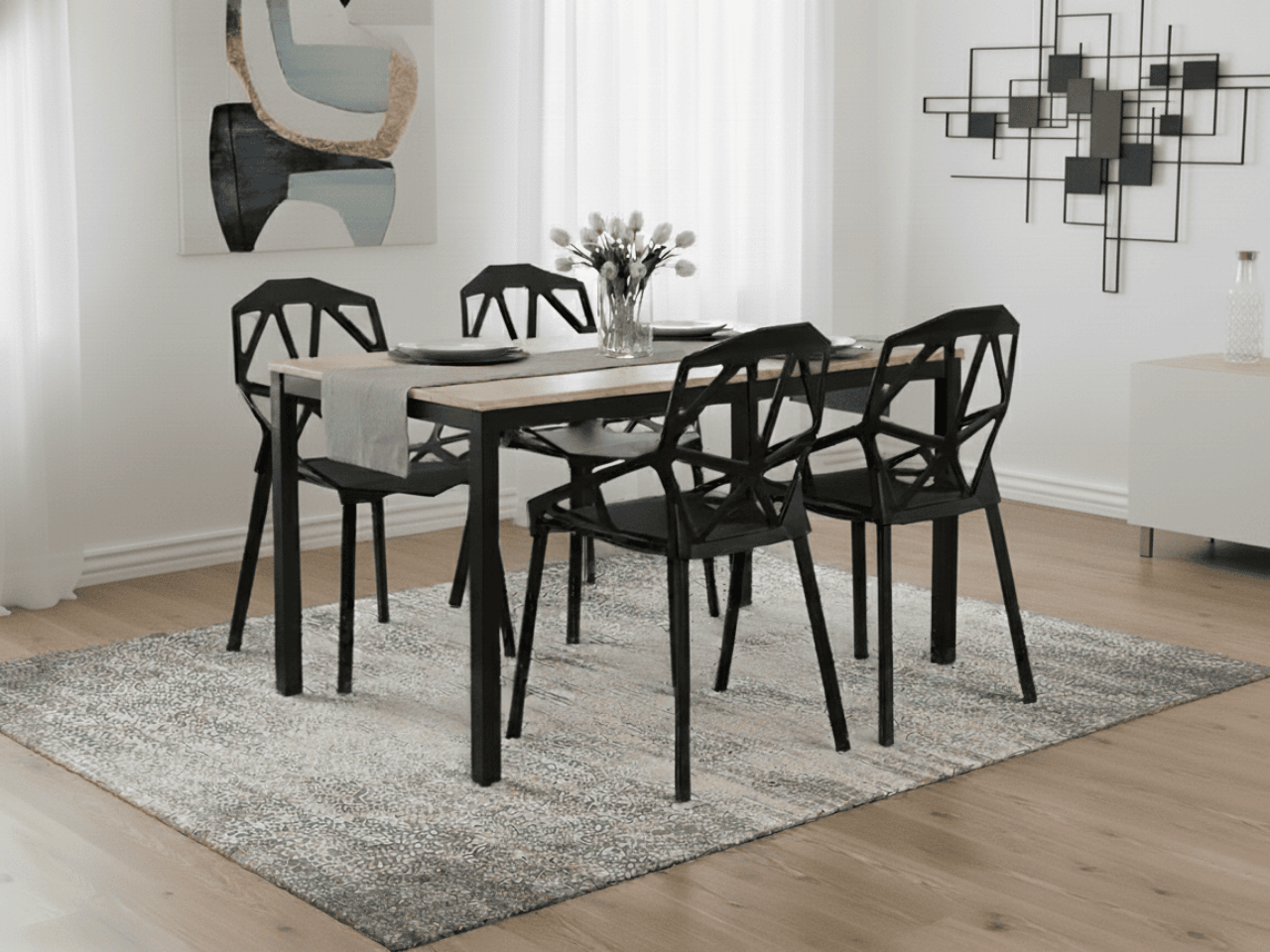 Jídelní set 1 + 4, stůl TESSA 120x60 cm černá/dekor dub + černá plastová židle ESSEN