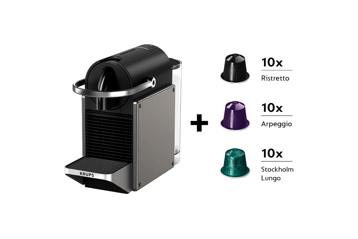 Kapslový kávovar KRUPS Nespresso Pixie Redesign + dárek 30 kapslí XN306T10P Titanový/Černý