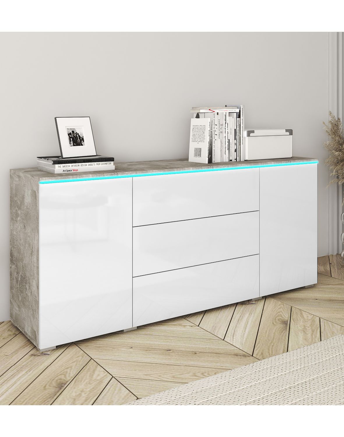 Komoda s LED osvětlením Vera, beton/bílý lesk, 150 cm