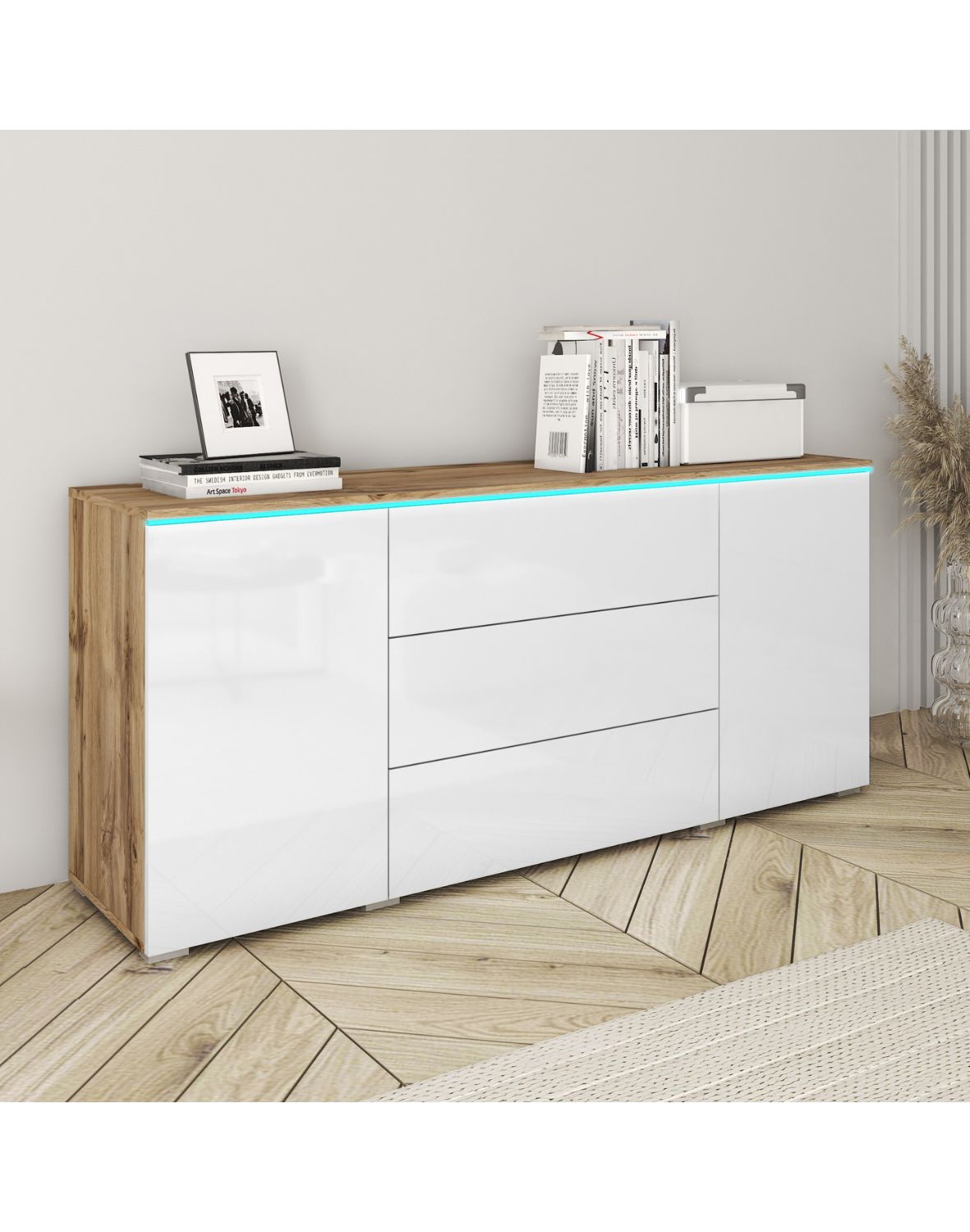 Komoda s LED osvětlením Vera dub wotan / bílý lesk, 150 cm
