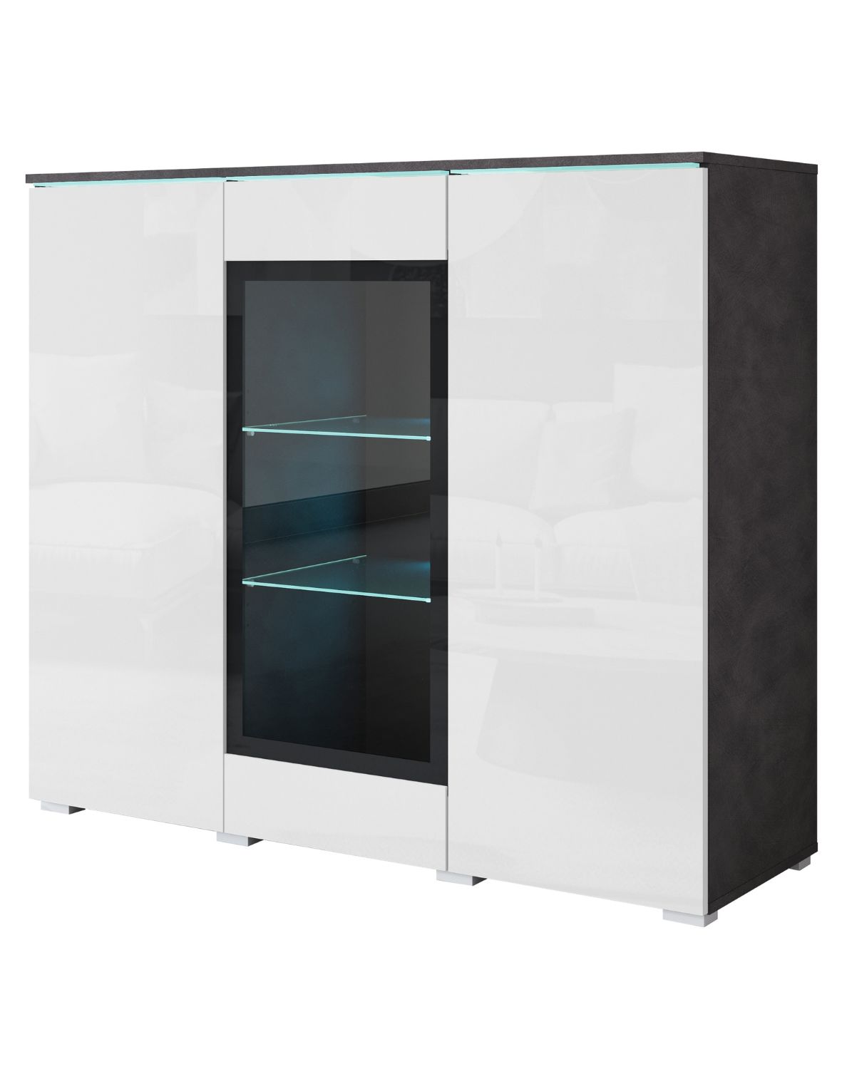 Komoda s vitrínou a LED osvětlením Vera matera / bílý lesk, 120 cm