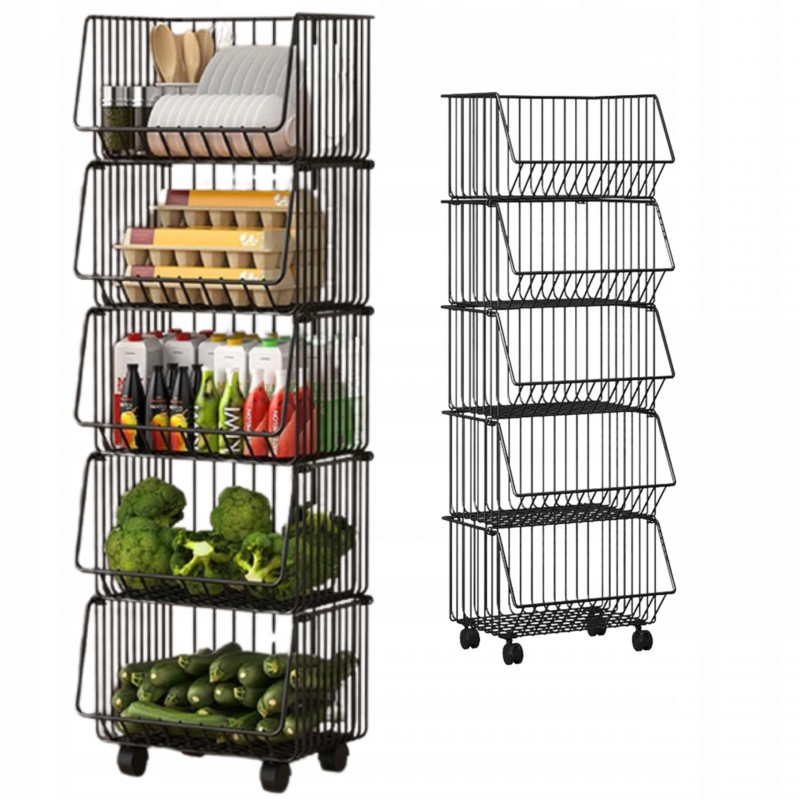 Kovový regál na kolečkách QUANTA, 5 košíků, černý