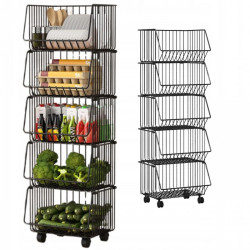 Kovový regál na kolečkách QUANTA, 5 košíků, černý