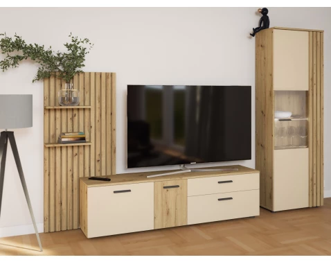 Obývací stěna Gatwick, dub artisan/kašmírová béžová, s osvětlením