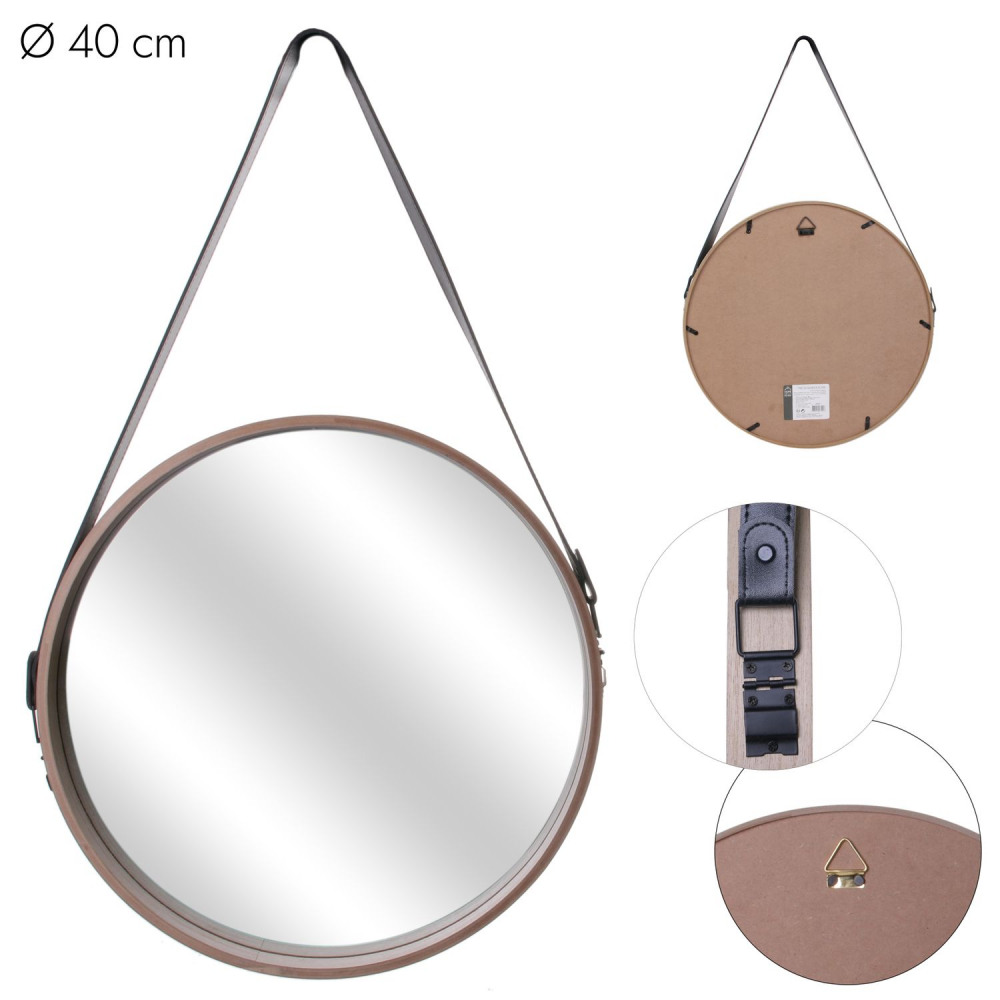 Přírodní kulaté zrcadlo s koženou rukojetí WOODEN Ø40 cm