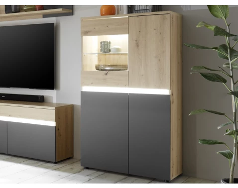 Prosklená skříňka Lille, dub artisan/antracit, s osvětlením