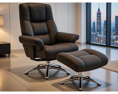 Relaxační křeslo s podnožkou Felini, hnědá látka v optice kůže