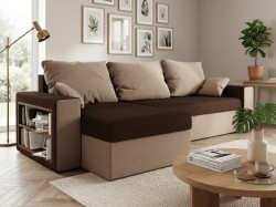 Rozkládací oboustranná sedací souprava do L NORIX 240x140 cm, tmavě hnědá/světle hnědá s policí + 2 polštářky ZDARMA
