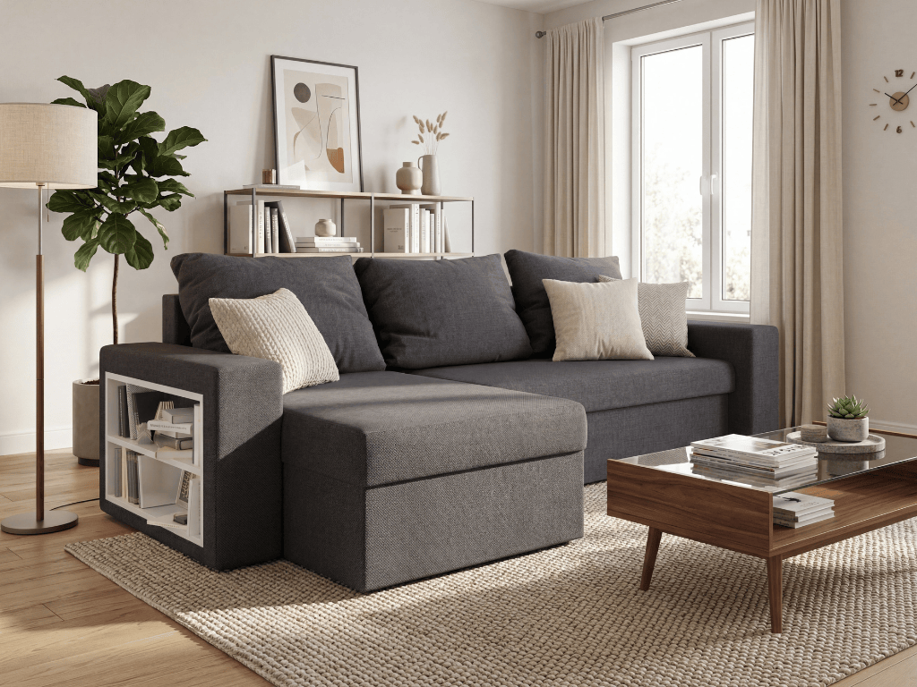 Rozkládací oboustranná sedací souprava do L NORIX 240x140 cm, tmavě šedá s policí + 2 polštářky ZDARMA