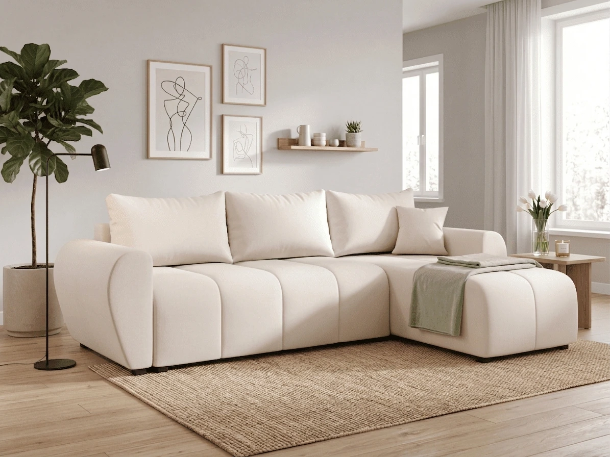 Rozkládací oboustranná sedací souprava do L SEVIO 246x145 cm, krémová + 2 polštářky ZDARMA